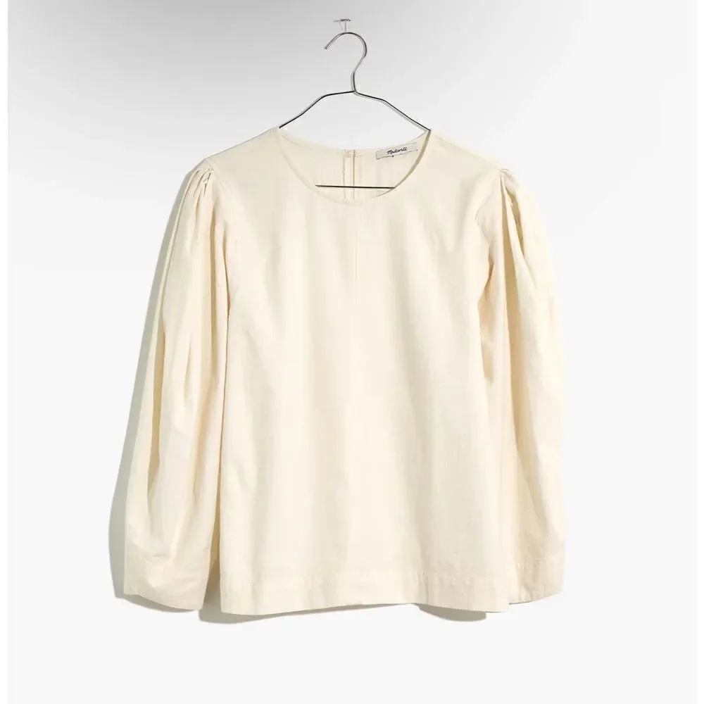 Madewell Cotton Crepe White Puff-Sleeve Seamed Top Size Small